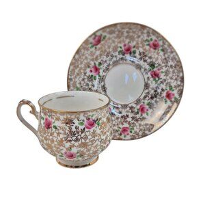 Thomas Forester & Sons Teacup Saucer Set Gold Floral Pink Rose Pattern England